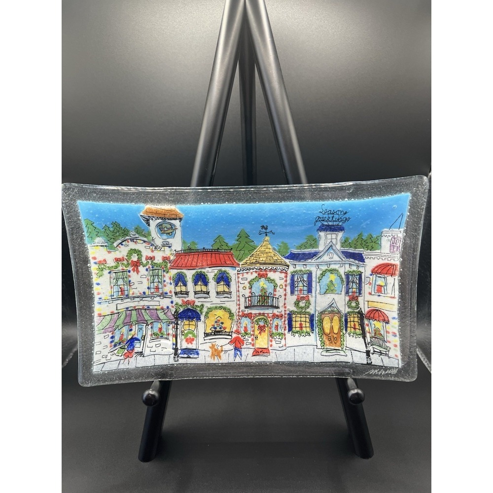 Peggy Karr Glass Tray Christmas Holiday Village Scene Signed